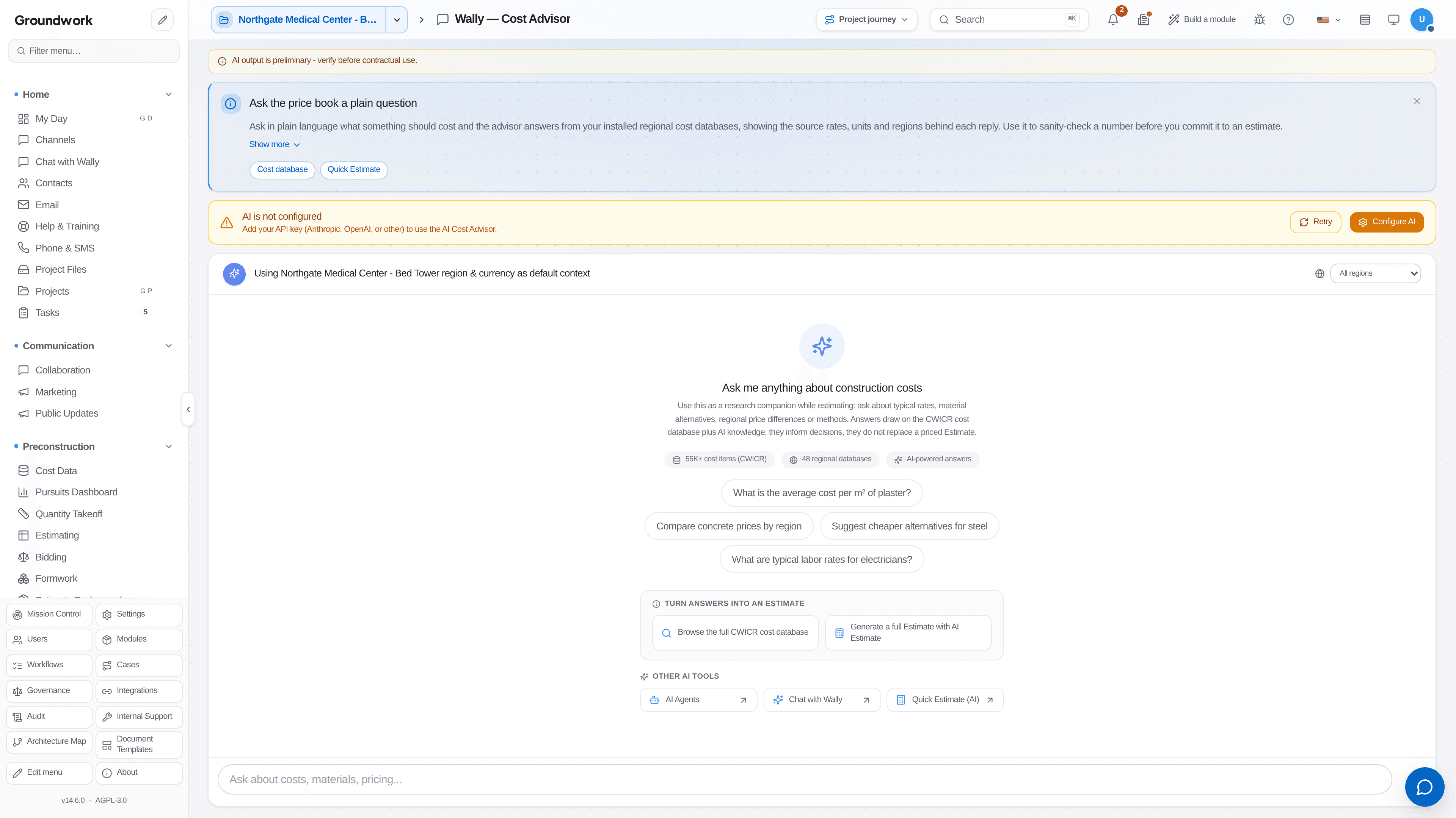 Groundwork AI Advisor answering a question with live project data