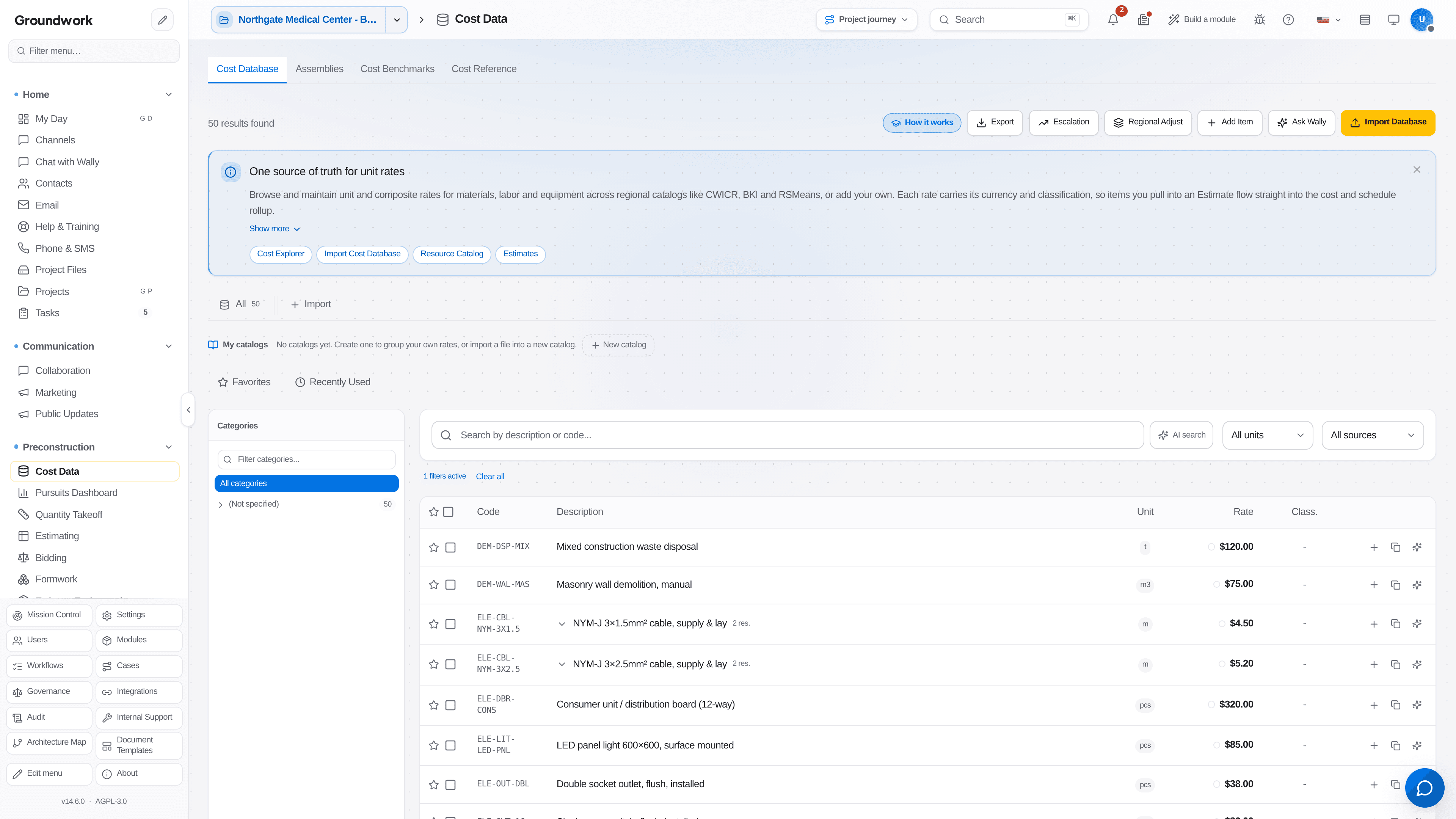 Groundwork regional cost database