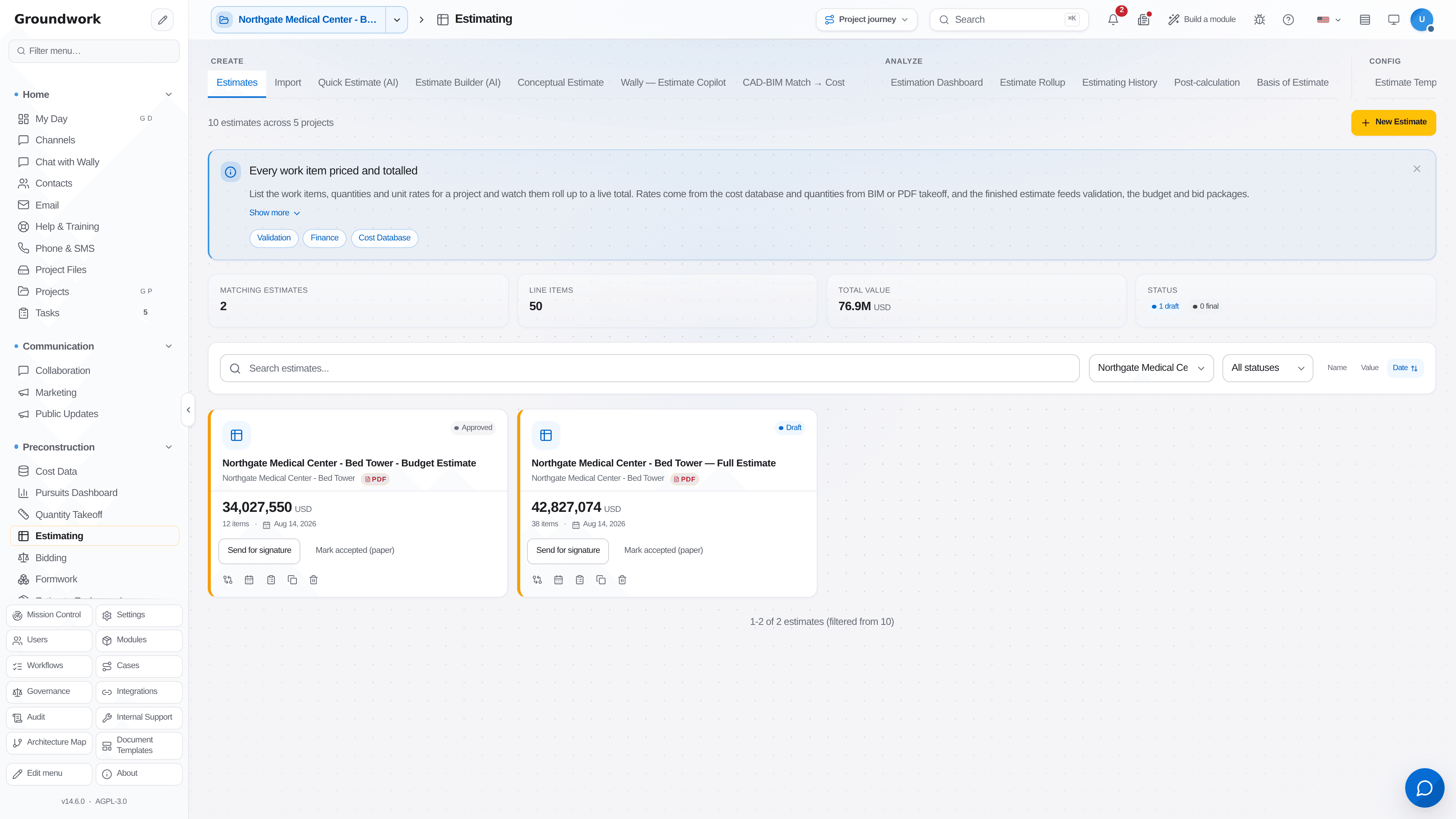 Groundwork estimating workspace with line items and running total