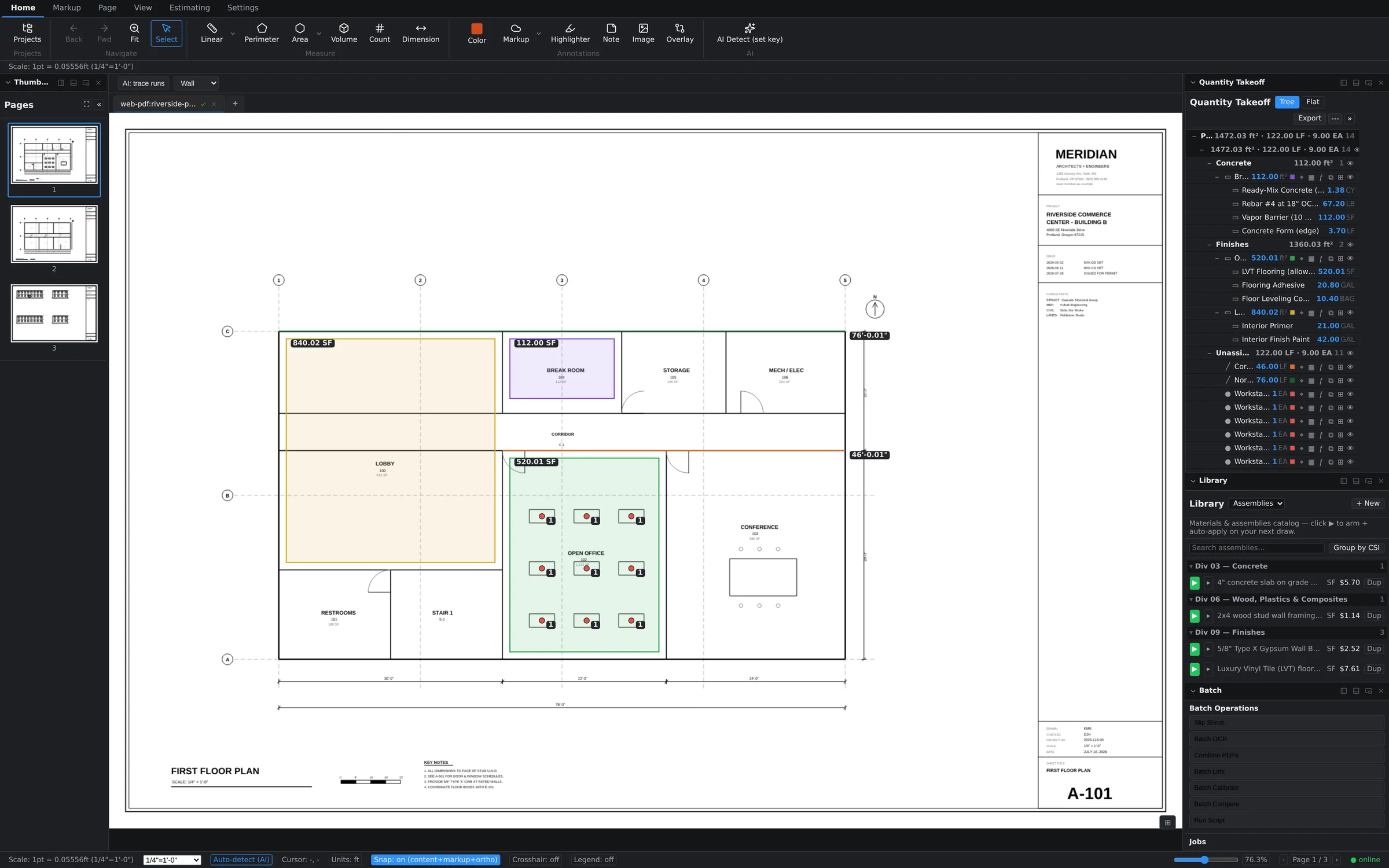 The batch operations panel in Groundwork Takeoff running an operation across a whole plan set