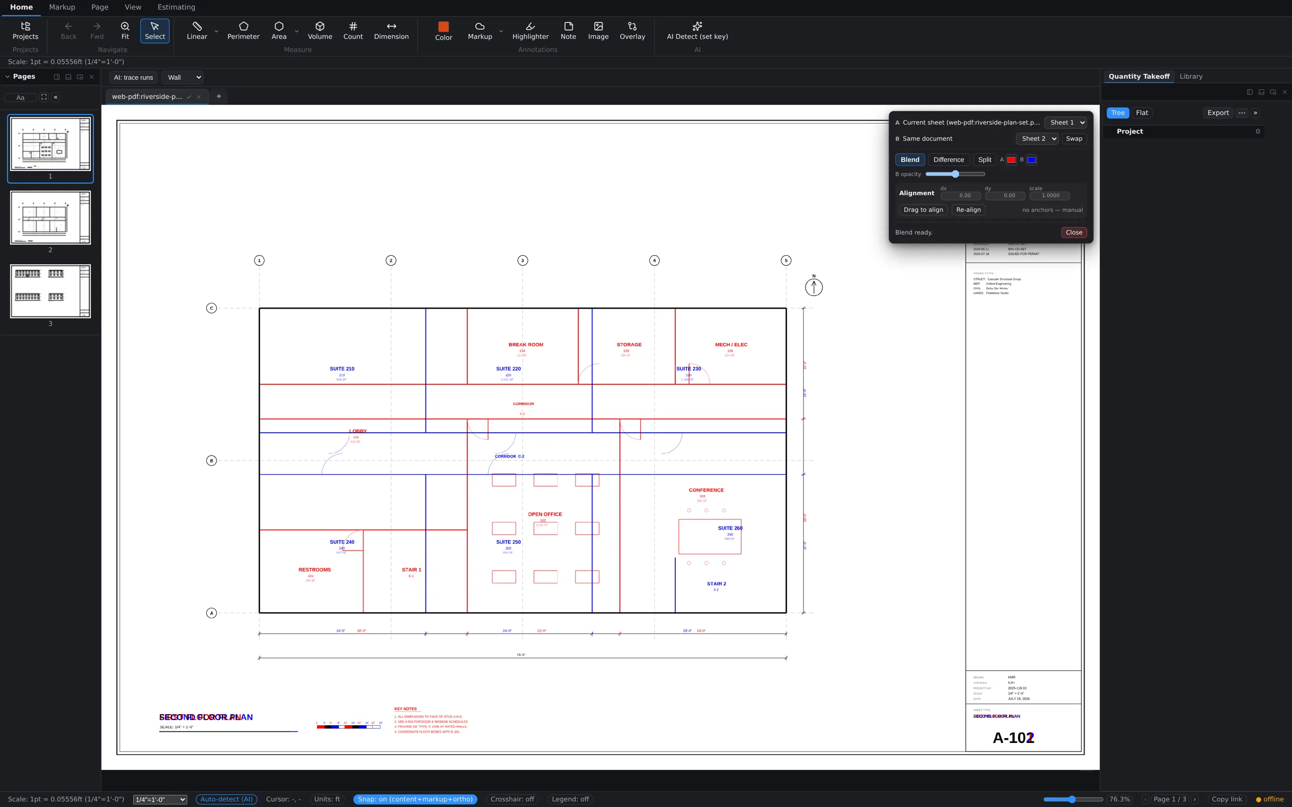 Blend mode comparing two sheets of the same document, with A and B ink color swatches in the compare toolbar