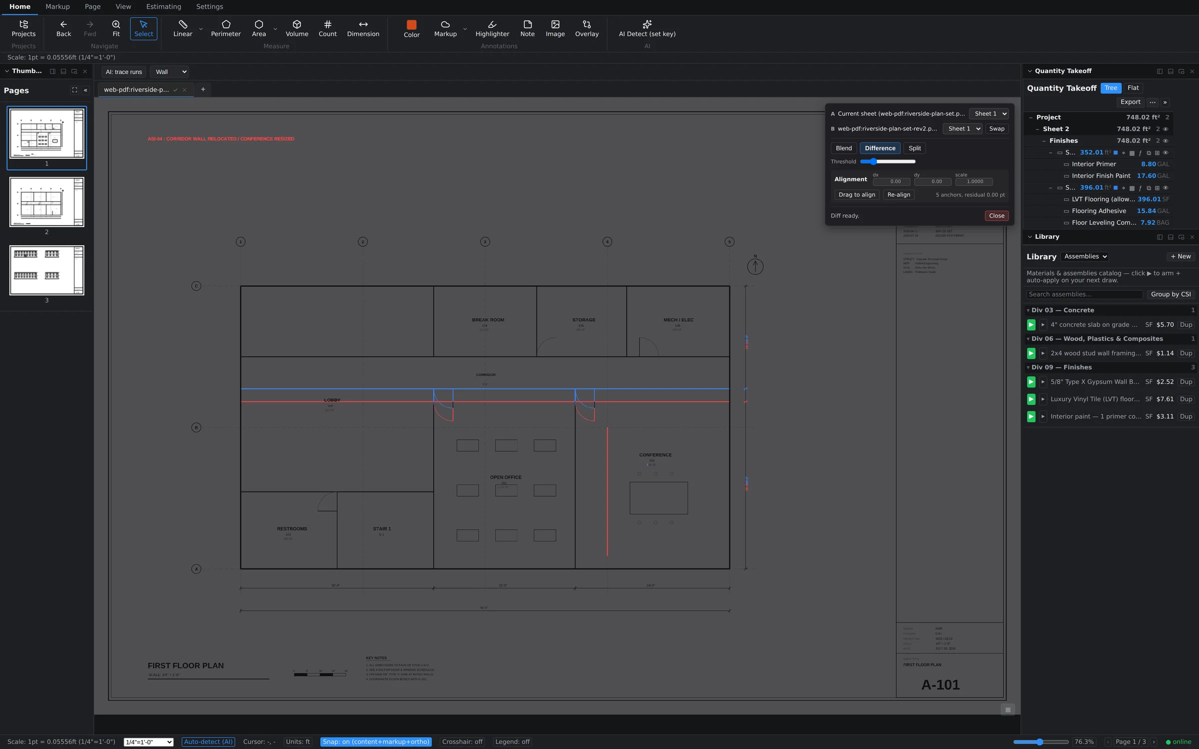 Plan Compare in Groundwork Takeoff overlaying two revisions of a sheet, removals in red and additions in blue