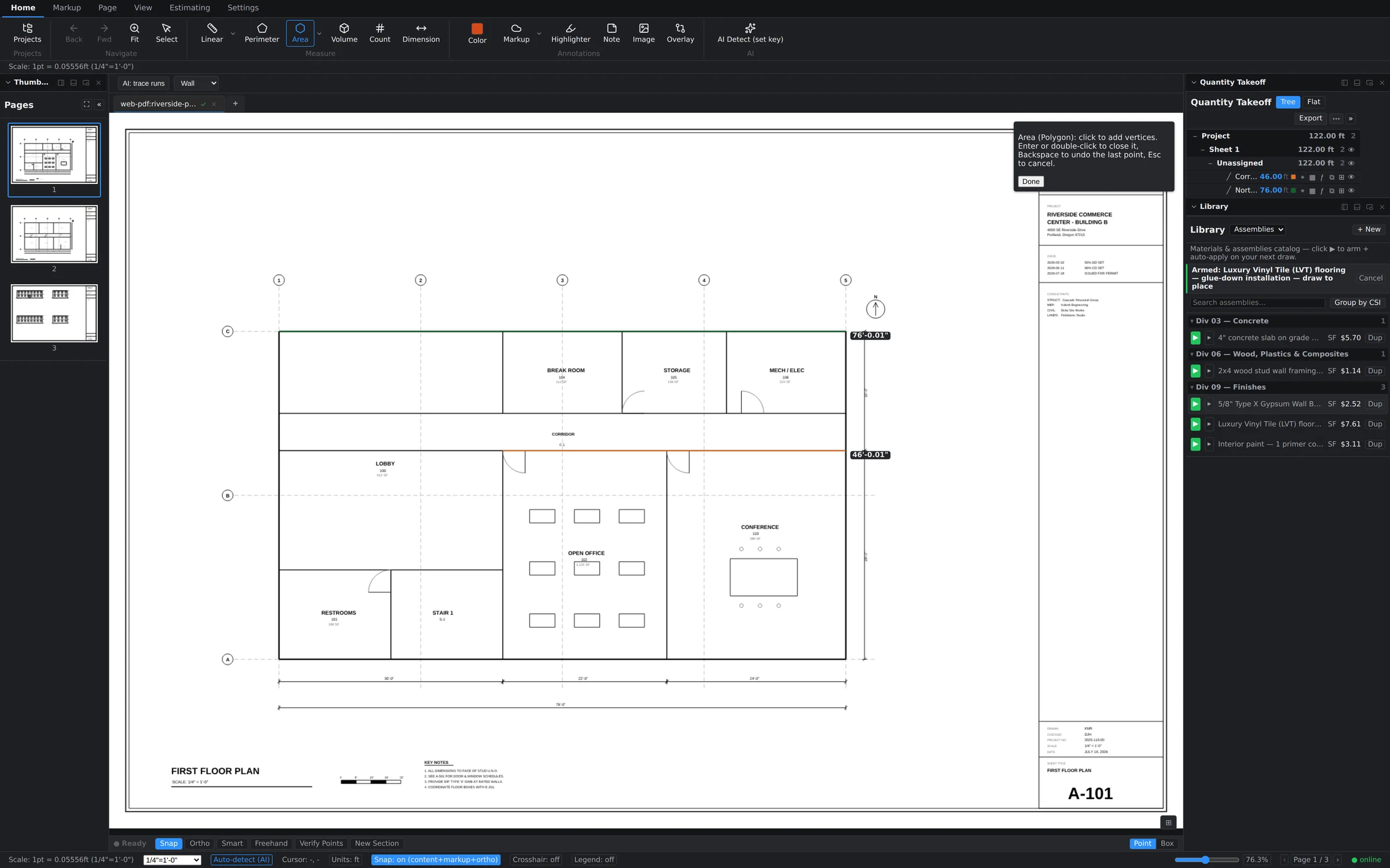 Arming an assembly from the library panel in Groundwork Takeoff before drawing a measurement