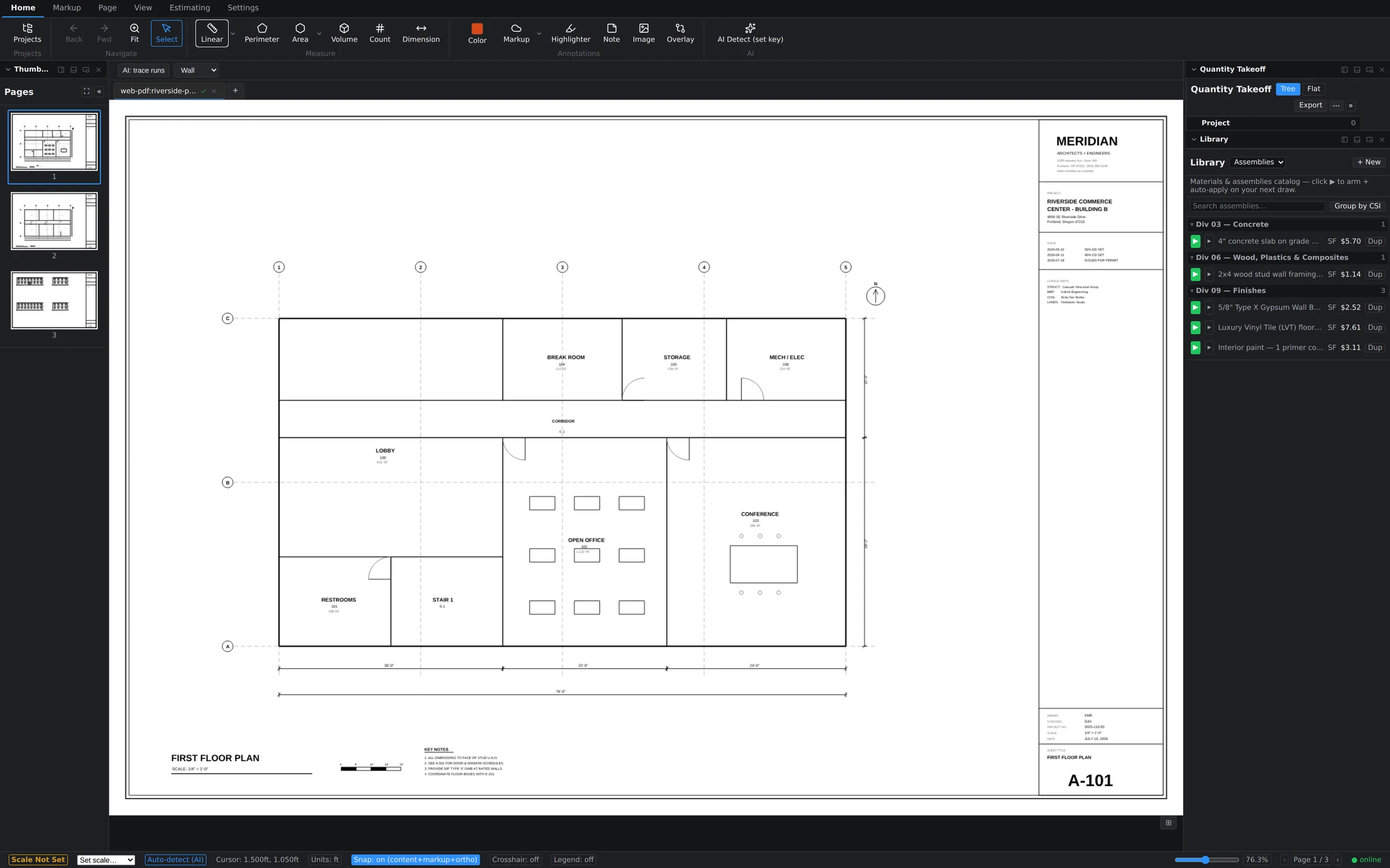 The Set Scale dialog in Groundwork Takeoff, calibrating a sheet against a known dimension