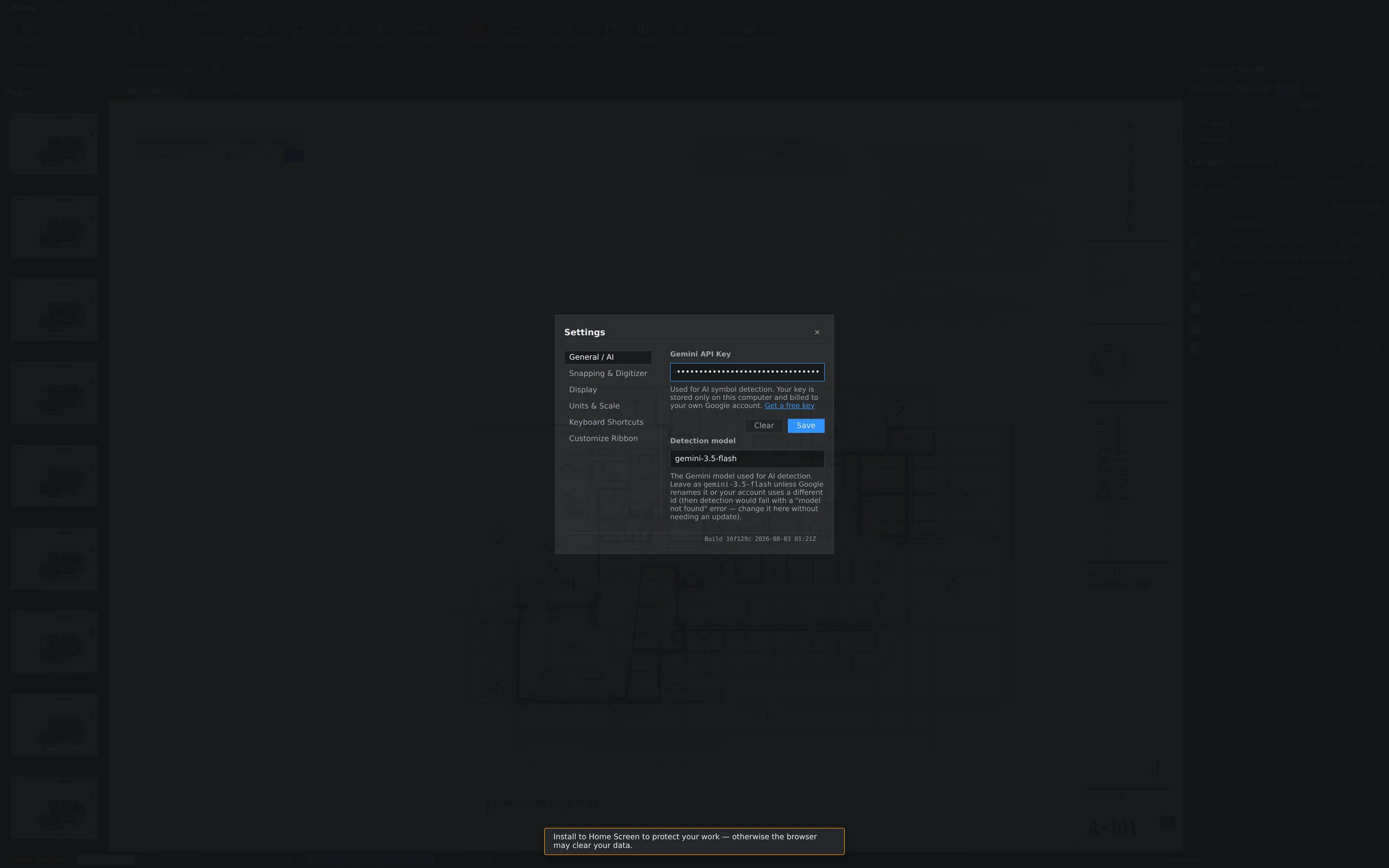 The AI settings pane in Groundwork Takeoff, where detection and measure suggestions are configured