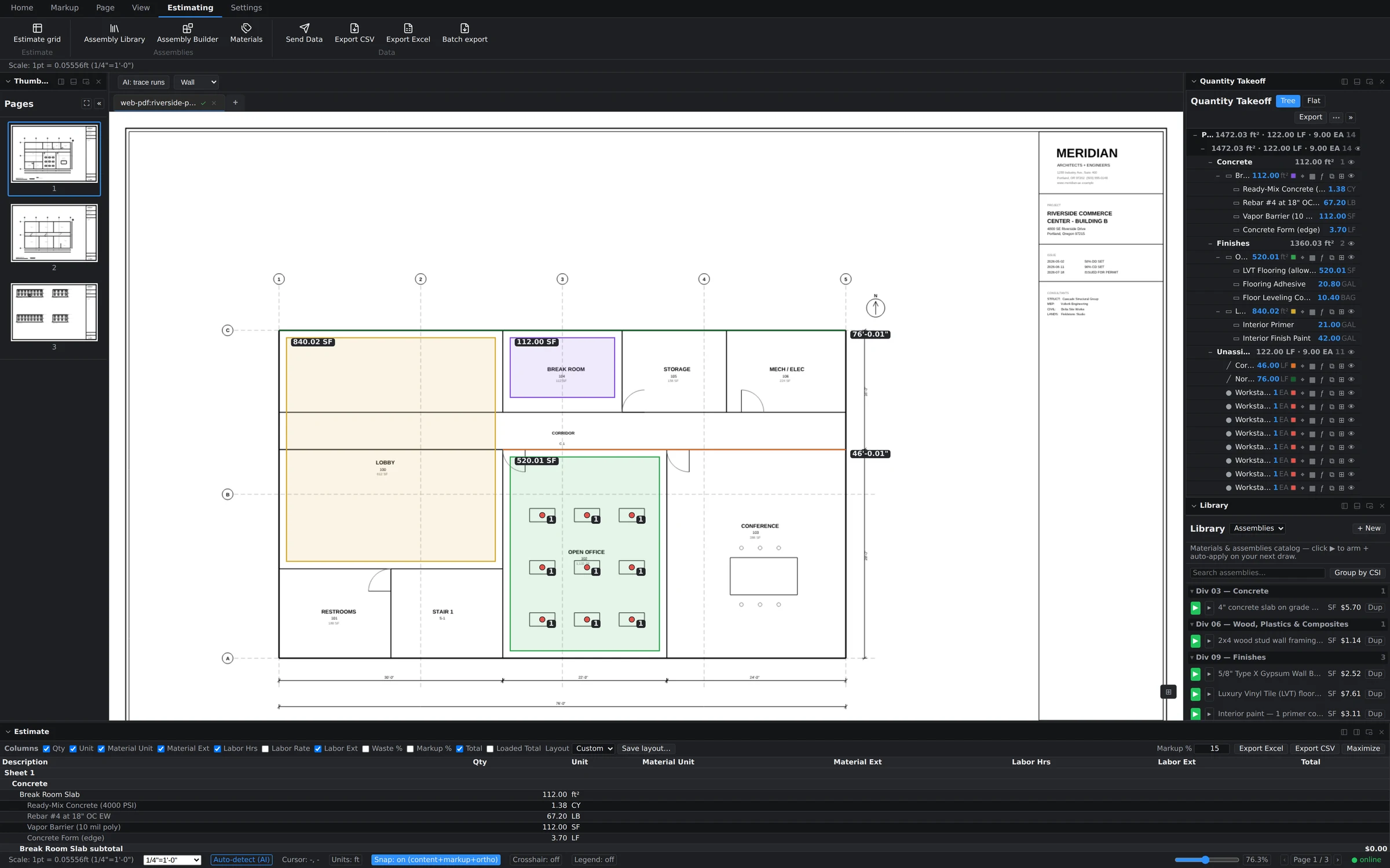 The live estimate grid panel in Groundwork Takeoff, pricing takeoff quantities against armed assemblies