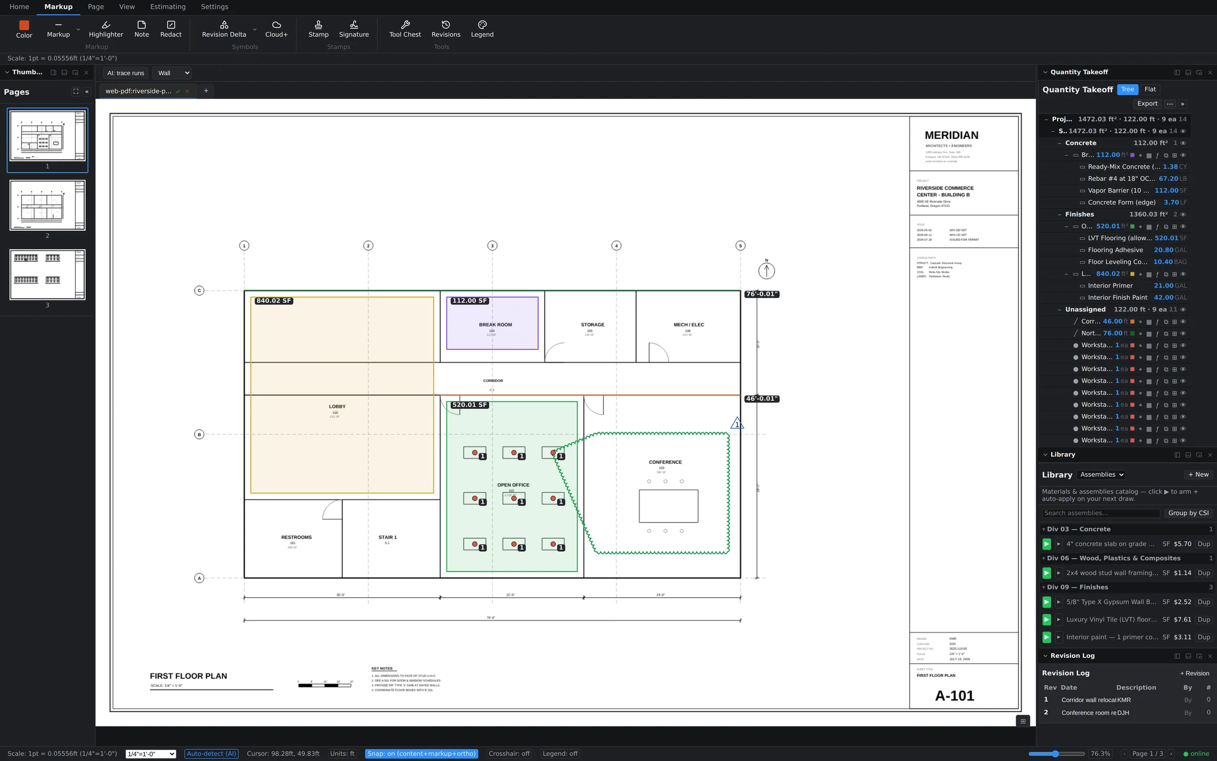 The revision log panel tracking changes across a document's history