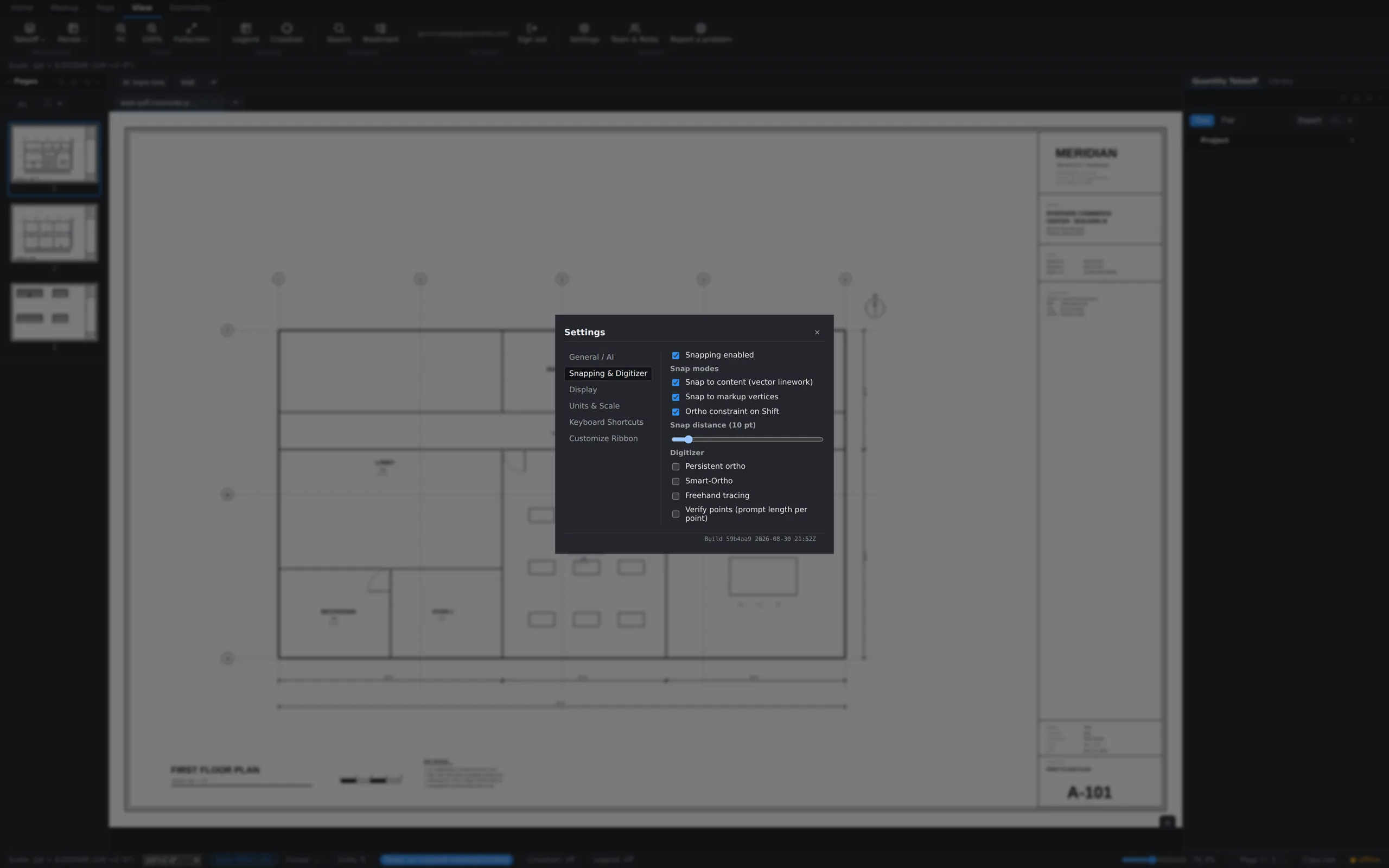 Settings → Snapping & Digitizer with the snap distance slider