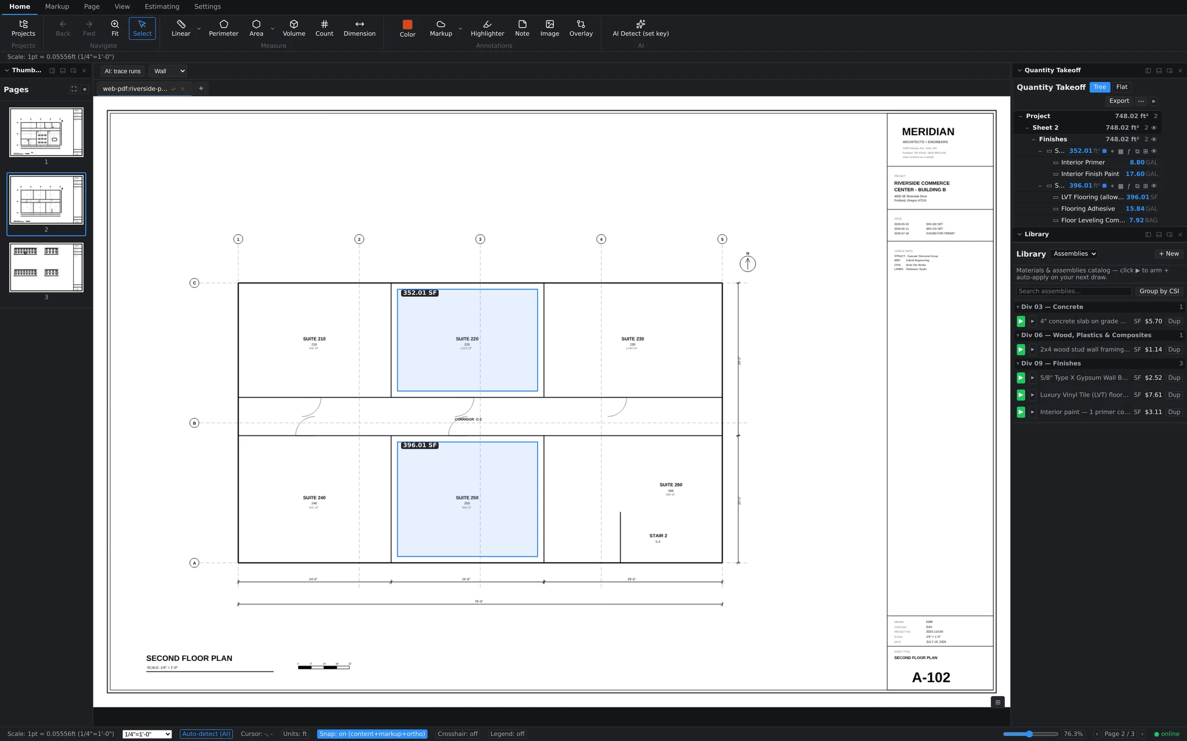 A second-floor plan sheet with measured suite areas — one page of a multi-sheet set to compare