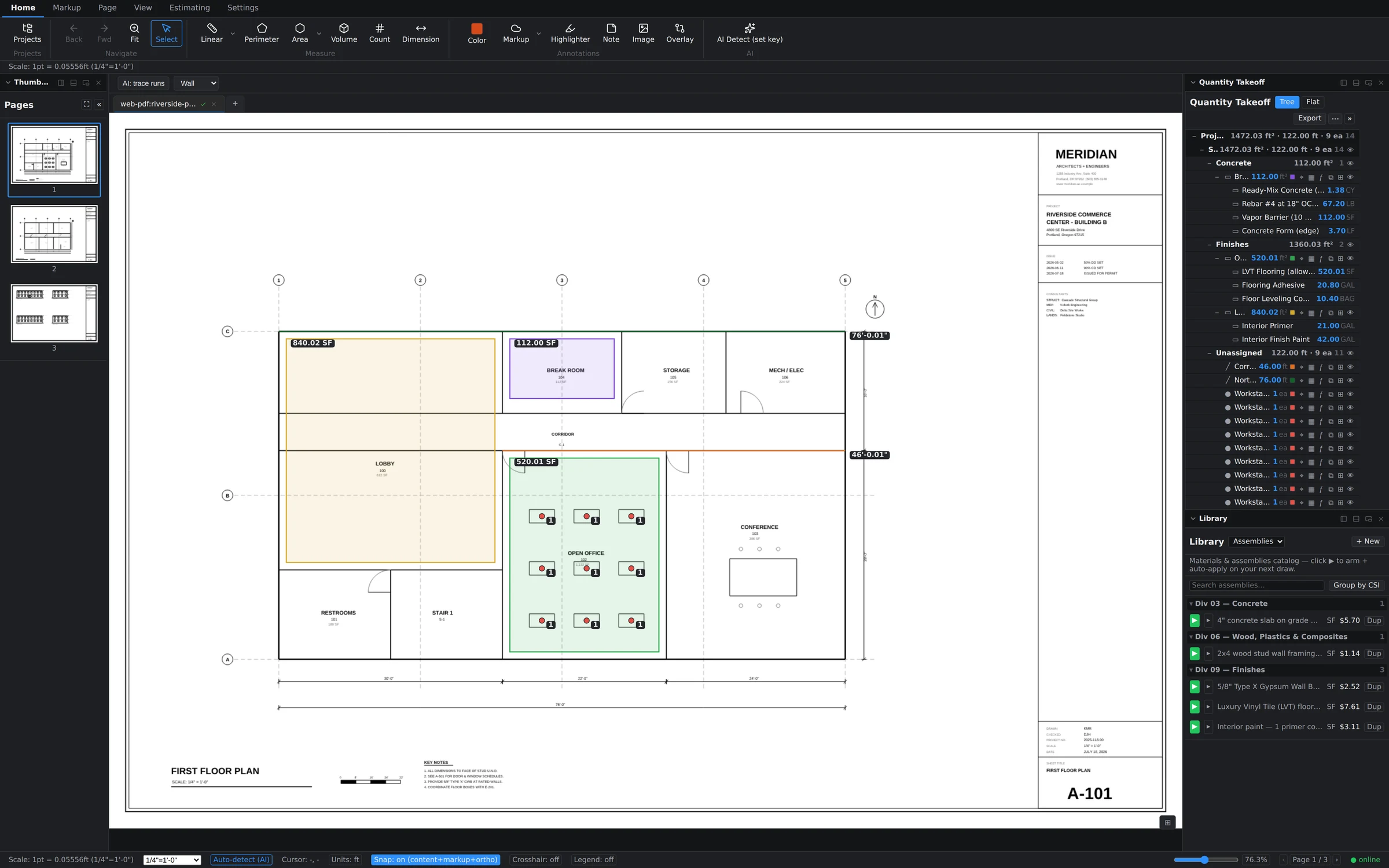 An area measurement drawn over a floor plan in Groundwork Takeoff, its quantity labeled on the sheet
