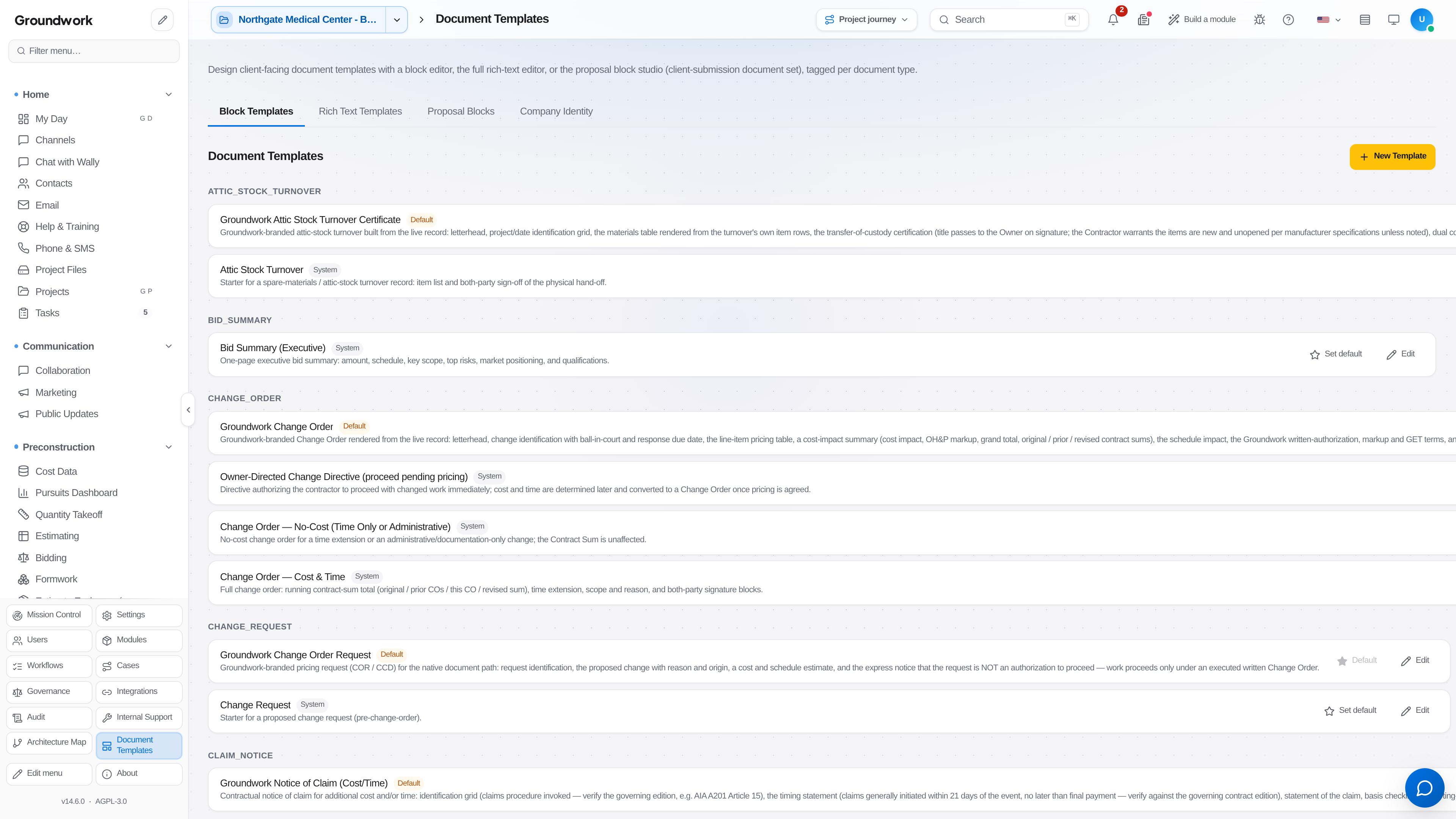 Document template editor with block and rich text authoring