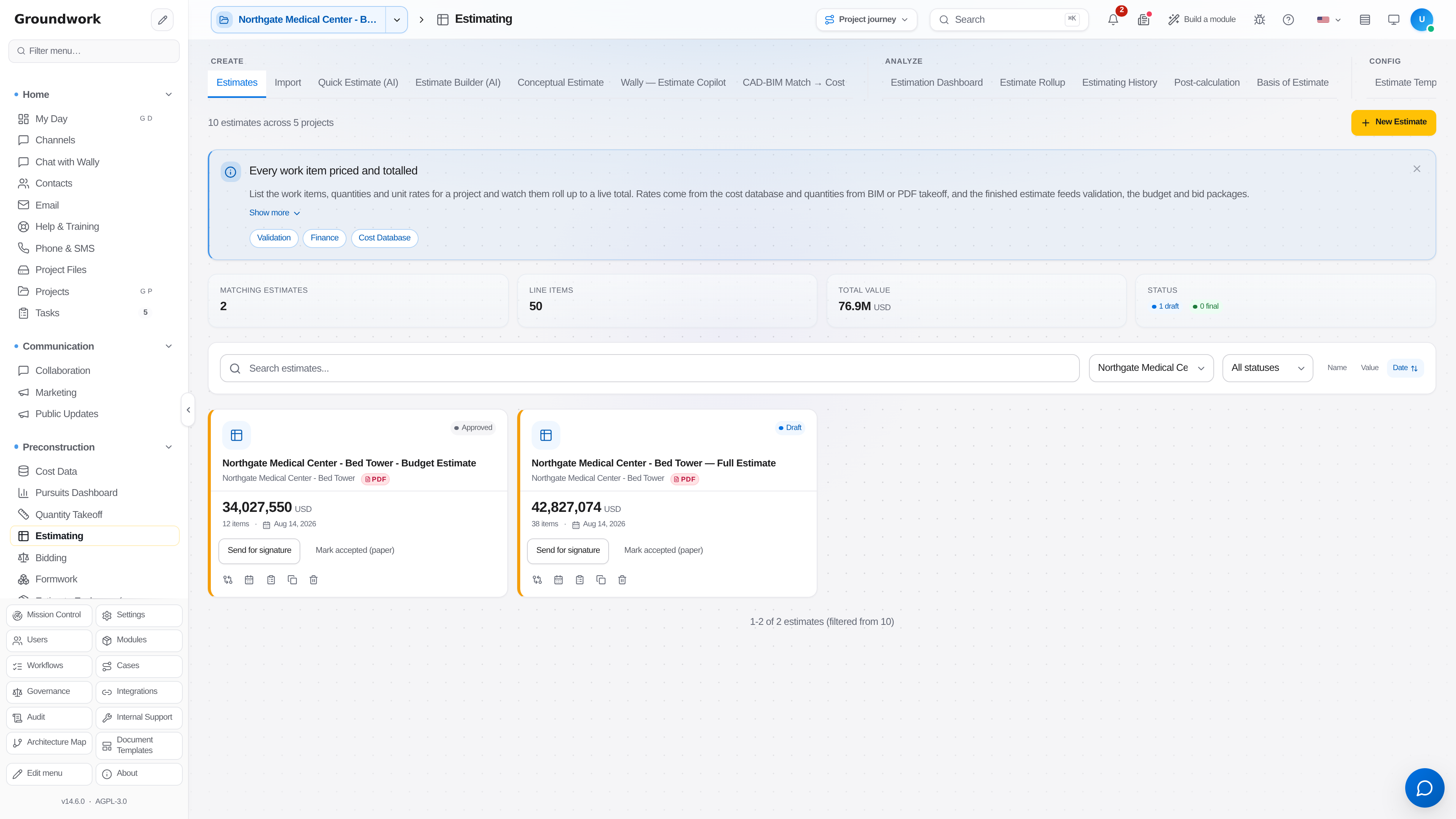 Estimating workspace with line items, assemblies, and running total