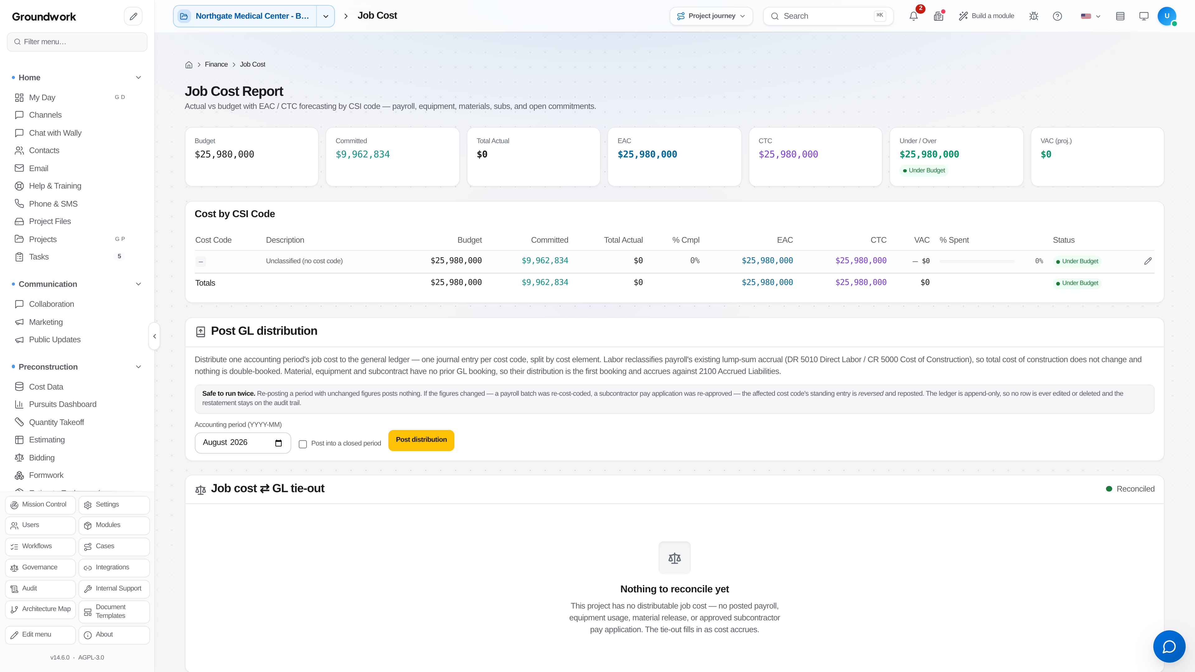 Job cost report with budget, committed, actual, and forecast columns
