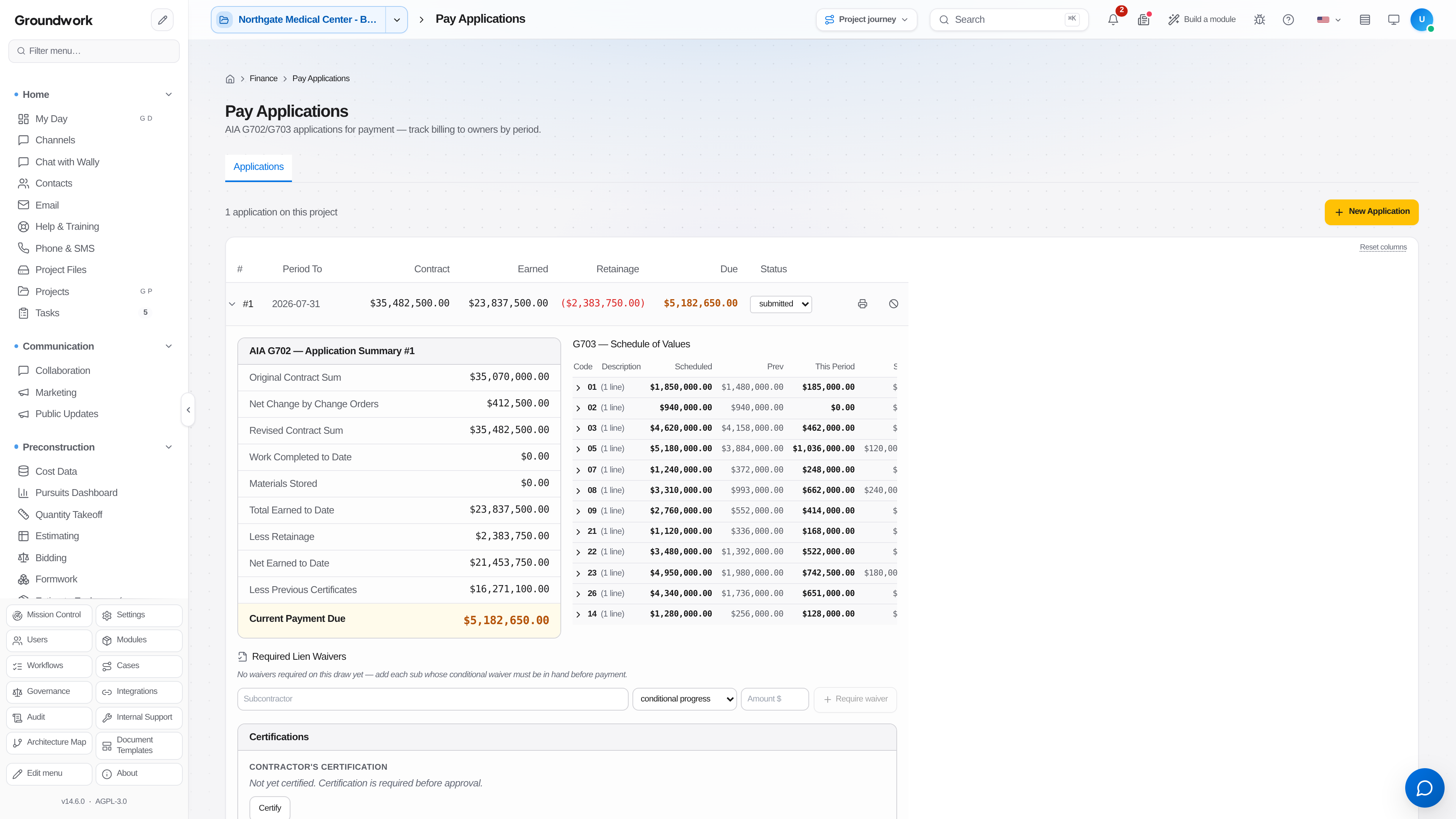 AIA G702/G703 pay application with schedule of values and retainage